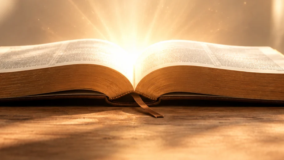 The open pages of a Bible, lit from between them