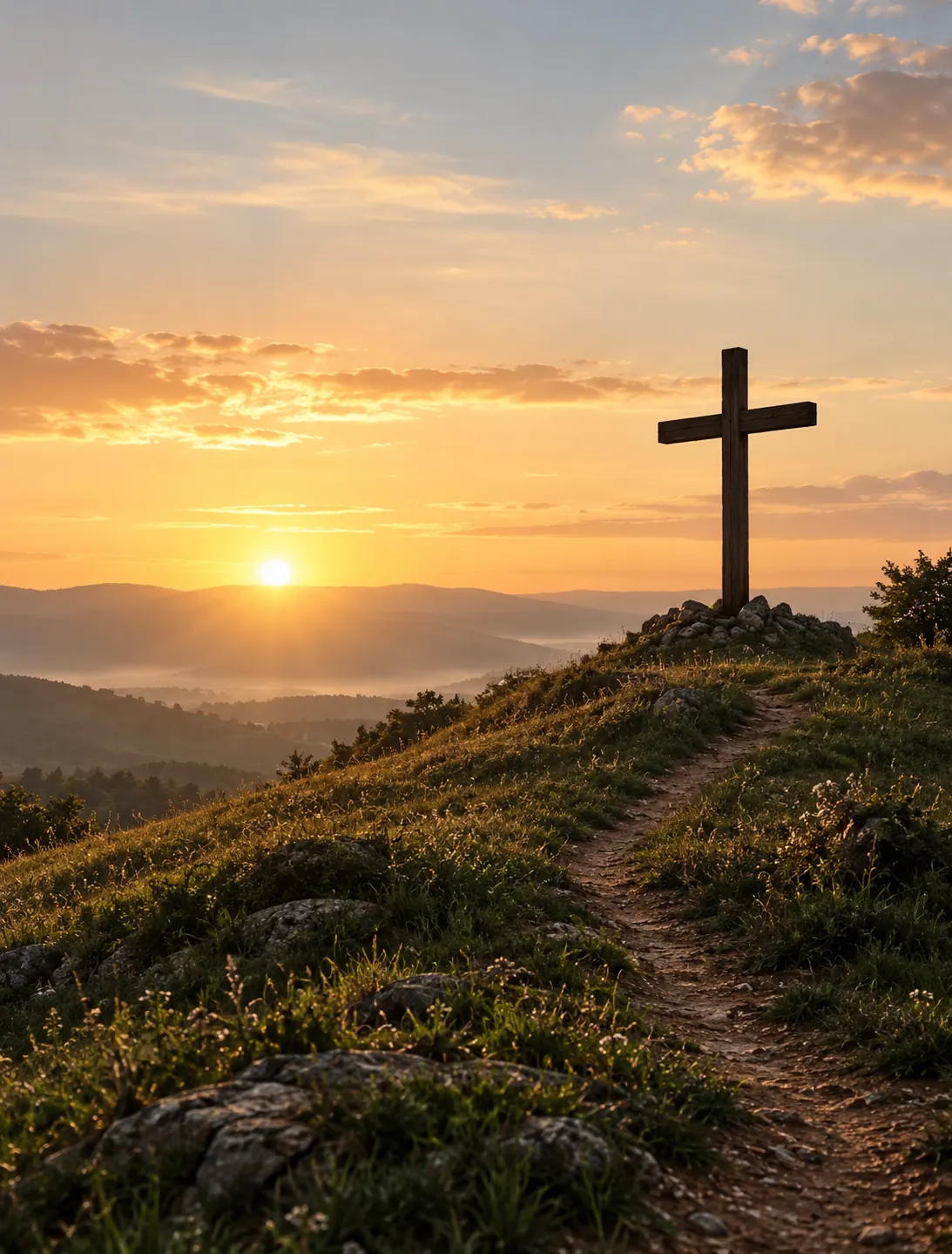 A wooden cross on a hilltop as the sun rises over misty valleys