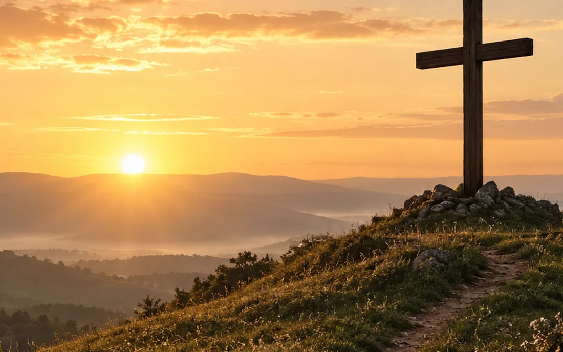 A cross standing small against a valley of mist at sunrise