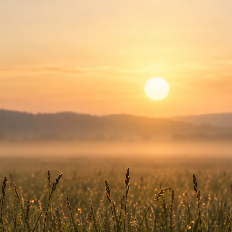 The sun rising through morning mist over a meadow