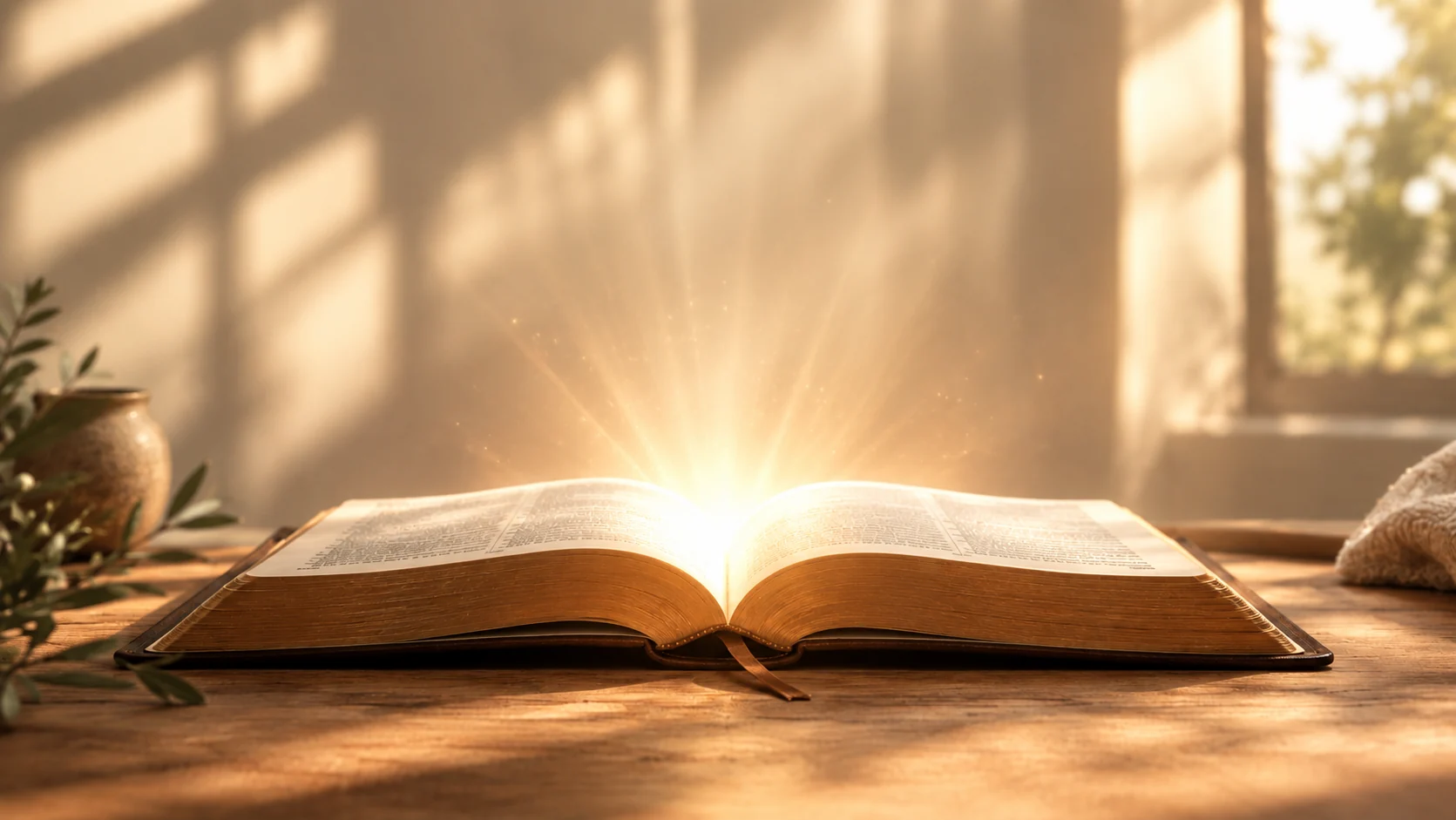 An open Bible on a wooden table, lit by warm morning light from a window