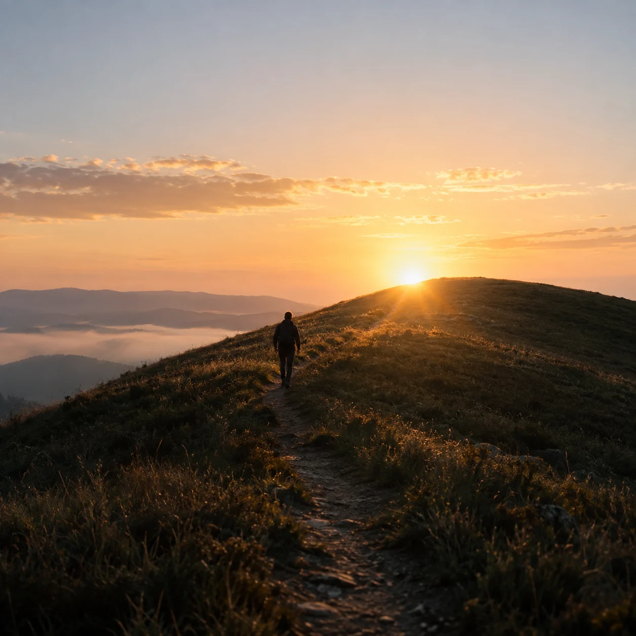 A person walking a ridge path at sunrise, mist filling the valleys below