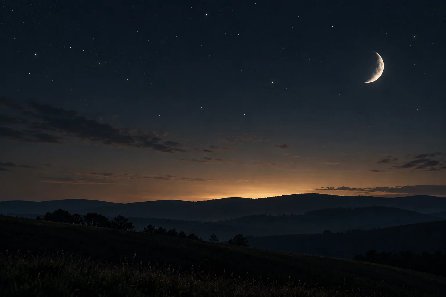 A crescent moon over dark hills, the last light still on the horizon