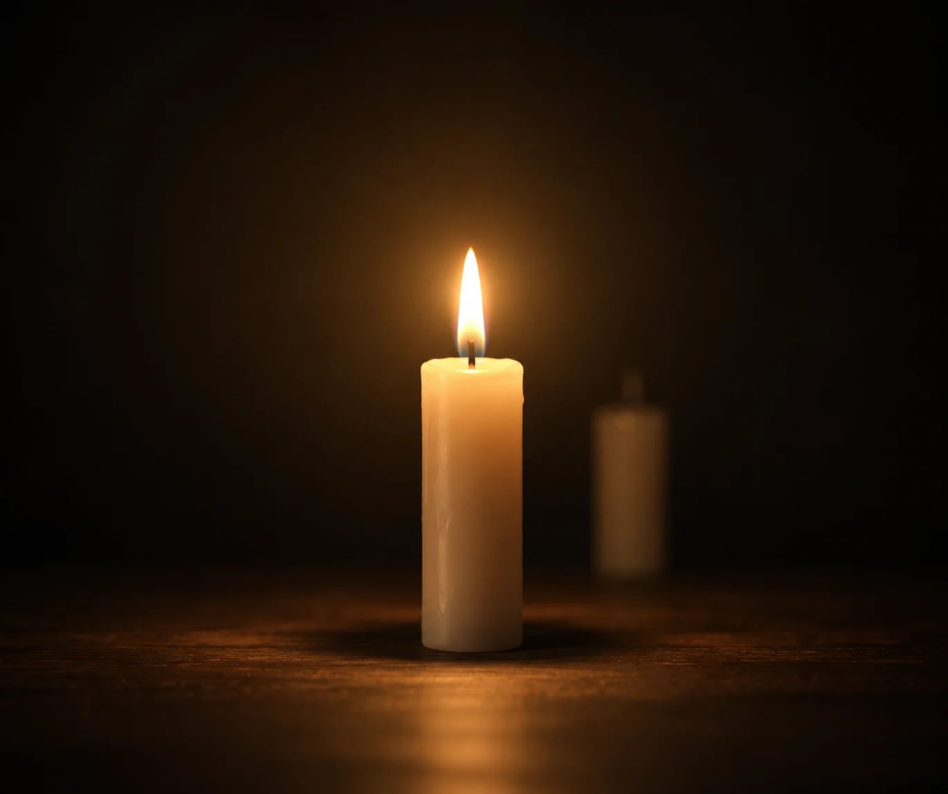 A lit candle on a wooden table in a darkened room